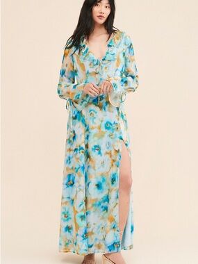 Turquoise & Gold Watercolor Maxi Dress with Ruffle Neck